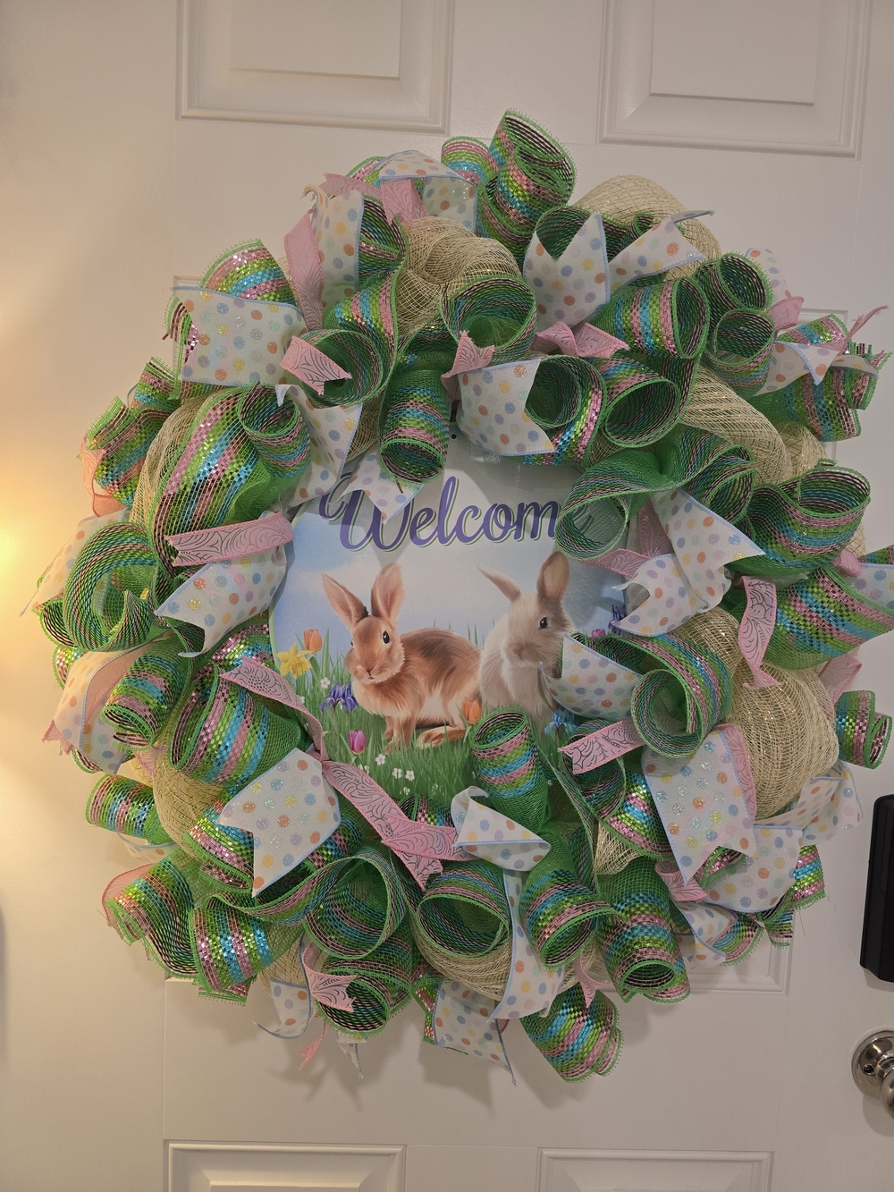 Spring Bunny Easter Welcome Wreath - Green, Pink, Cream